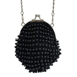 Far Nine Black Beaded Evening Bag Purse Clutch Silver Chain Strap‎ Formal Party
